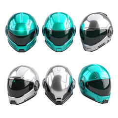 Futuristic helmet collection various views teal and silver