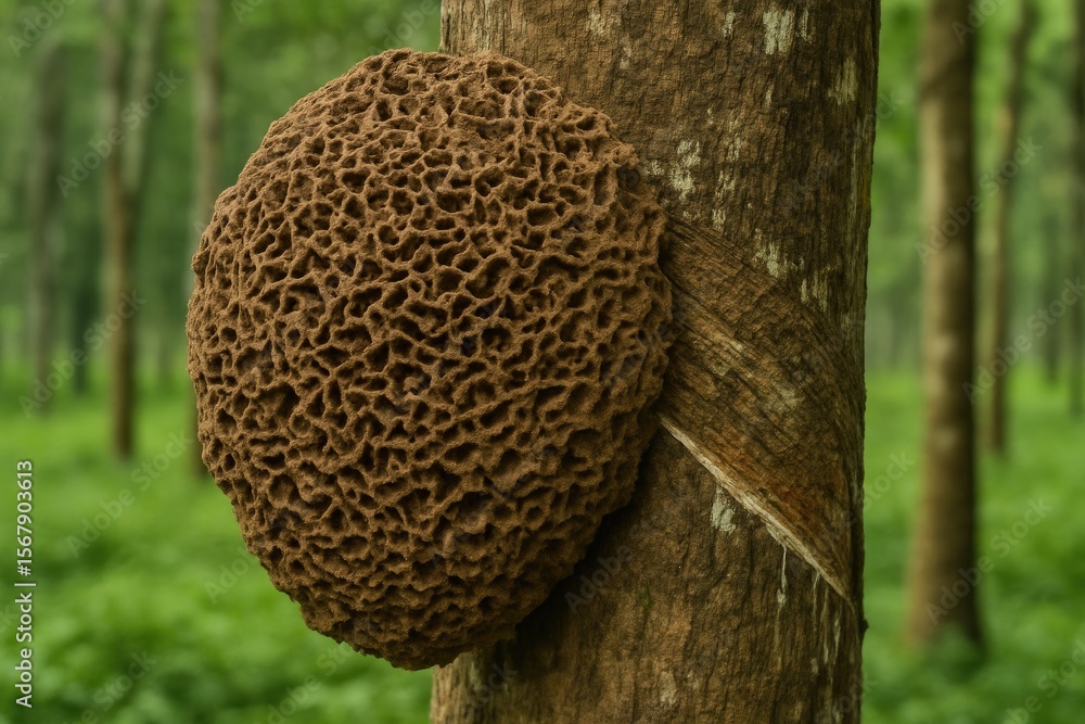 Poster termite mound located on a rubber tree in a central java region