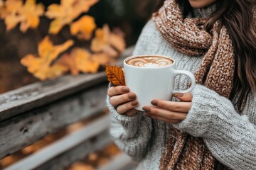 Woman in cozy fall hoodie and scarf sipping coffee amidst colorful leaves at a park lifestyle content autumn serenity