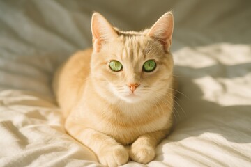 A gorgeous feline basking in sunlight on a cozy bed, with striking green eyes celebrating feline day