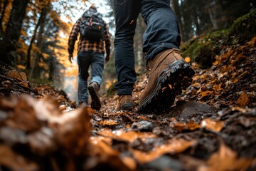 Exploring autumn trails adventurers in flannel and boots forest path outdoor activity vibrant fall colors ground-level perspective nature experience