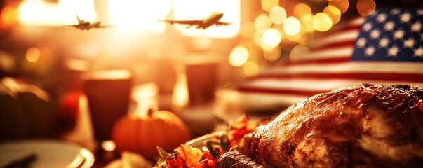 A Thanksgiving Feast Under a Patriotic Sky: Roasted Turkey,  American Flag, and Planes