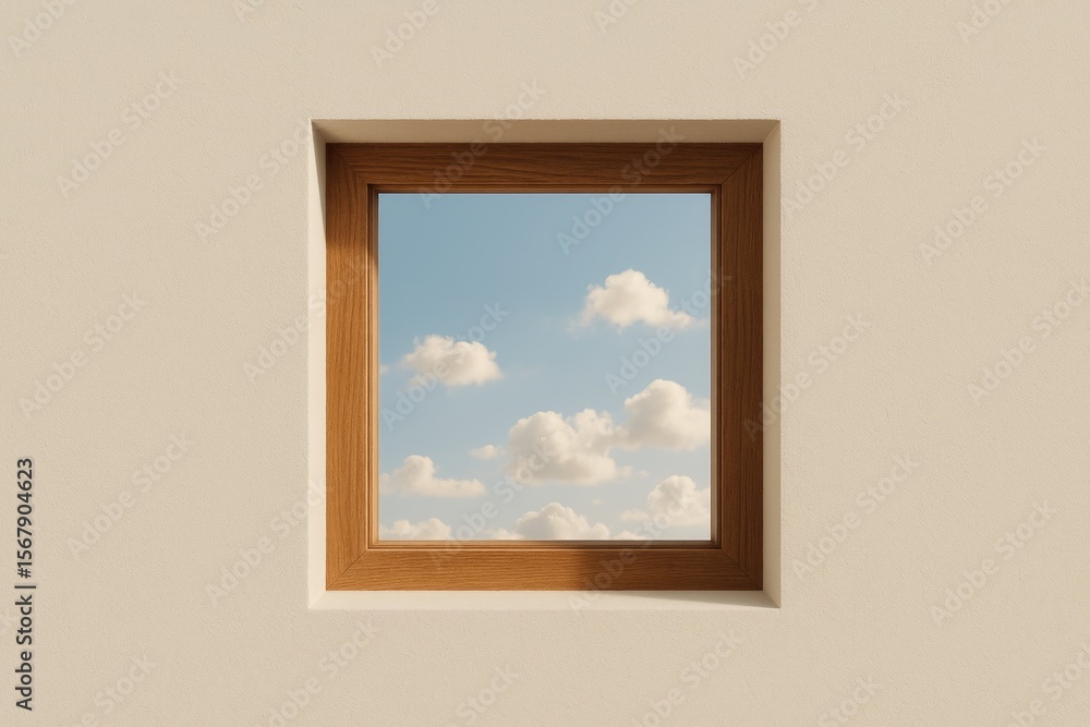 Poster minimalist retro window embedded in wall with bright sky view