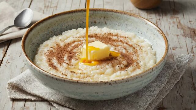 Finnish rice porridge, Riisipuuro, Creamy porridge topped with cinnamon and sugar, Soft white tones with a hint of brown,  morning light, Comforting and sweet
