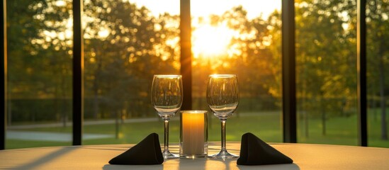 Elegant table setting with wine glasses and candle in golden hour light