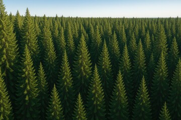 Aerial view of lush coniferous woodland with tall fir trees in a mountainous landscape