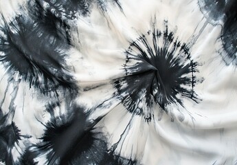 A close-up of tie-dye fabric, showcasing the intricate pattern and black ink details