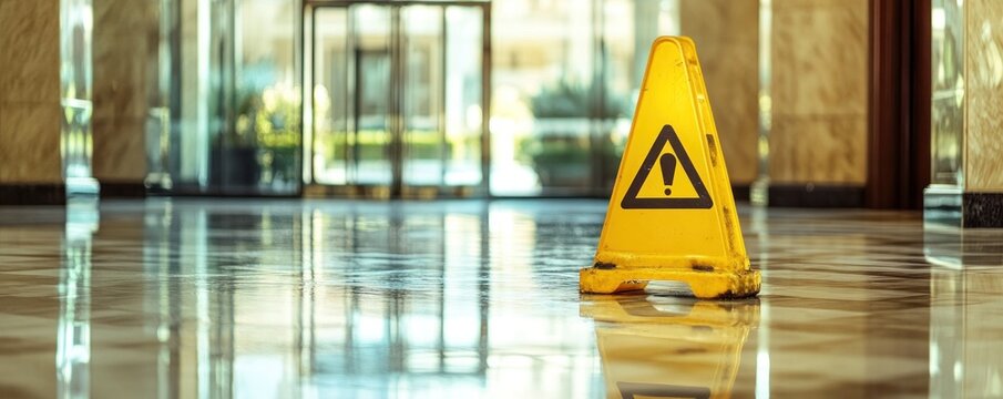 Caution sign indicating wet floor in a modern building lobby, highlighting safety measures