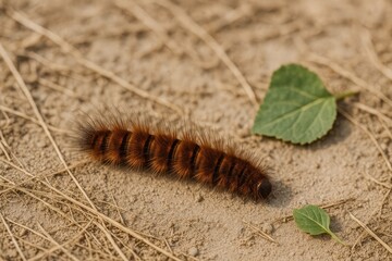 A dry patch of grass with a brown caterpillar crawling through it