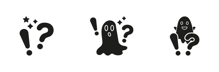 Ghosts With Exclamation And Question Marks Solid Icon Set. Surprise, Curiosity, Mystery Silhouette Symbol Collection. Expressive Communication And Emotion Icons. Isolated Vector Illustration