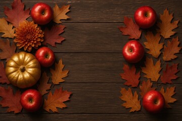 Autumn-themed centerpiece featuring apples, a golden pumpkin, and colorful fall leaves on a rustic wooden surface with space for customization
