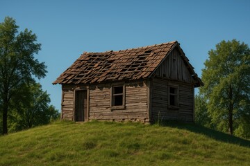 Fototapeta premium Vintage wooden family cottage with weathered walls and a damaged roof, perched on a gentle hill amid lush greenery and clear blue skies