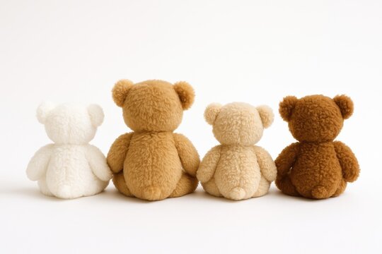 Cute plush teddy bears with their backs turned on a plain white backdrop