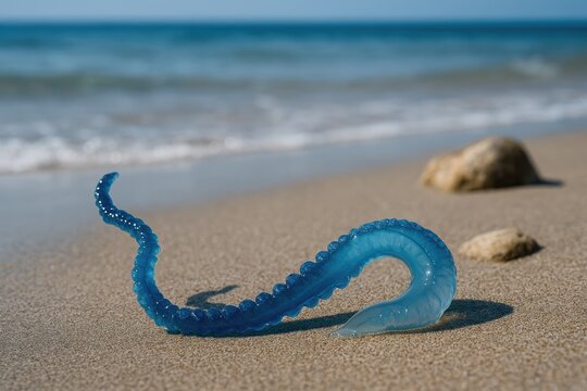 Close-up of a jellyfish tentacle on the shoreline with blurred background