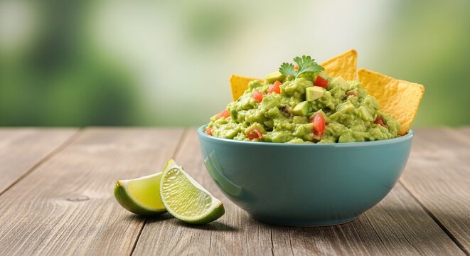 A teal bowl of guacamole with tortilla chips, garnished with cilantro, and lime wedges on a wooden table.
