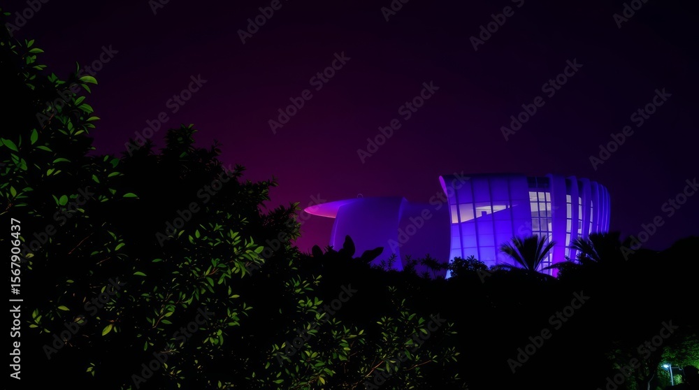 Poster illuminated architecture at night: a modern architectural structure illuminated at night. captured w