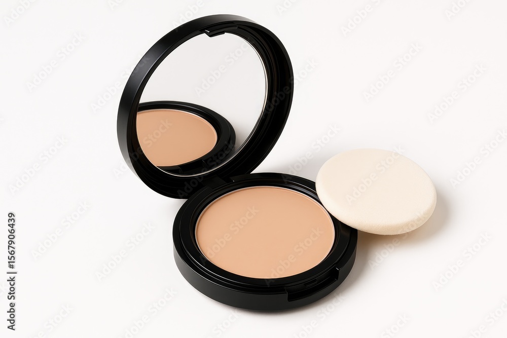 Poster compact face powder in a sleek black round case with mirror and applicator