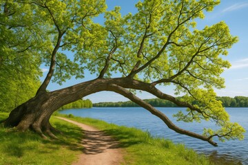 Obraz premium A fallen white oak blocks a trail beside a scenic lake on a bright sunny day