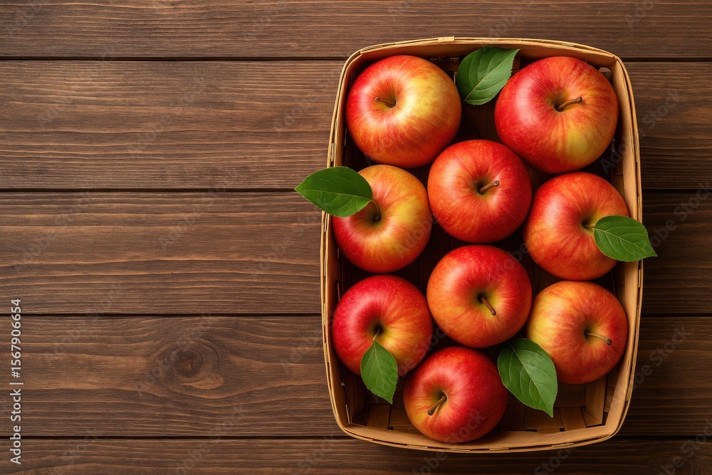 Poster fresh apples arranged in a wooden container on a rustic wooden surface, top-down perspective with sp