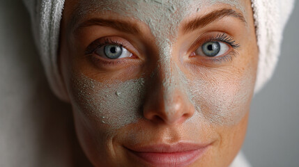 Fototapeta premium Close up of woman with blue eyes applying green facial mask and wearing white towel on her head, showing calm skincare routine