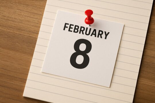 Note paper with February 8 calendar layout