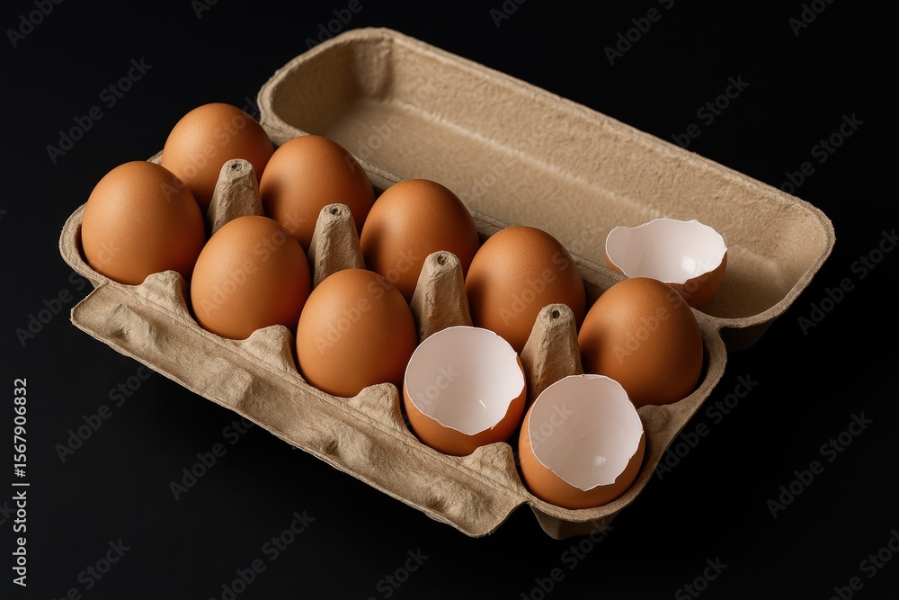 Poster collection of eggs and shells displayed in a container against a dark backdrop