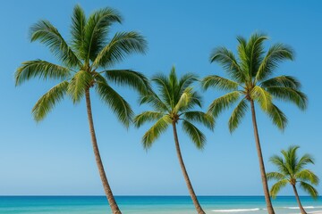 Fototapeta premium Lush palm trees under a clear blue sky during warm seasons