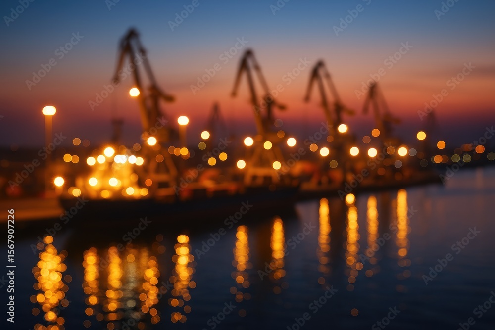 Poster vivid evening scene of a busy freight dock with ships being loaded and unloaded, illuminated by brig