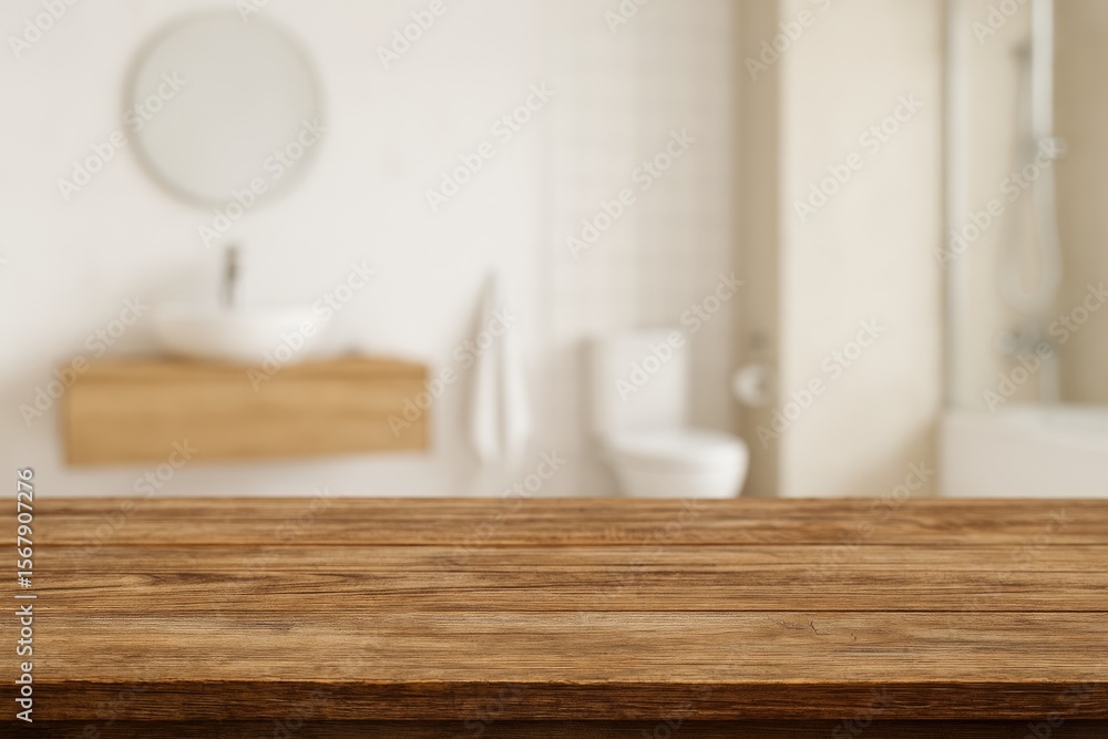 Poster empty surface for showcasing products with a softly blurred bathroom setting behind