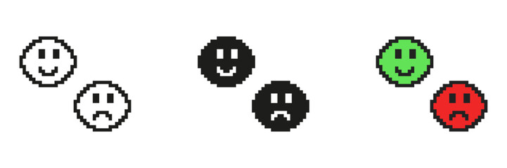 Happy and Sad Faces Pixelated Icon Set. Pixel Art of Positive and Negative Emotions. Feedback or Mood Symbol. Isolated Vector Illustration