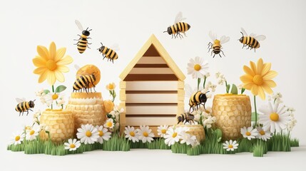 house with bee and flowers