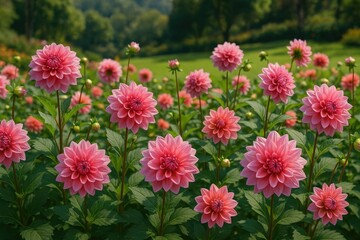 Dahlias in a scenic garden setting atop a mountain in Southeast Asia