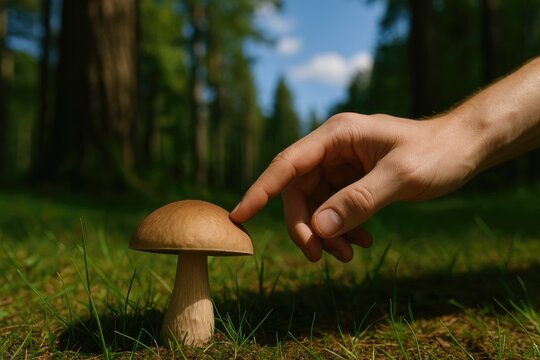 Human hand reaching out to a fungi in a woodland setting