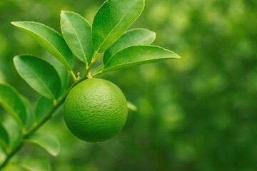 Vivid green citrus fruit hanging on a tree branch