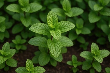 Fresh green peppermint leaves scattered on the floor
