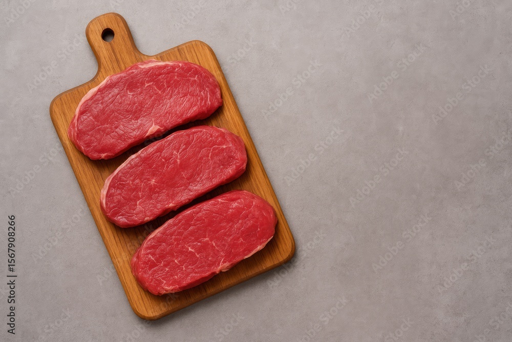 Poster raw beef steaks displayed on a wooden surface with a neutral gray backdrop, empty space for your mes