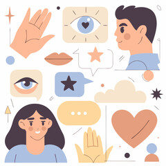 Fun seamless pattern of minimal doodle icons like faces and hearts in pastel tones. Great for stationery, youth branding and digital use.