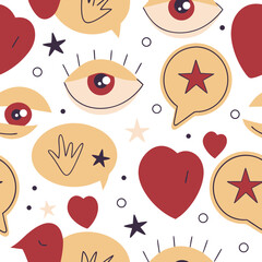 Fun seamless pattern of minimal doodle icons like faces and hearts in pastel tones. Great for stationery, youth branding and digital use.
