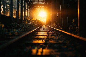 Mysterious train tracks lead into a glowing, light-filled tunnel