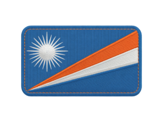 A vibrant embroidered patch showcases the flag of the Marshall Islands with a white star and orange and white stripes against a blue backdrop