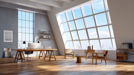 Tiny House Office Setup type. Modern office interior with large windows and wooden furniture.