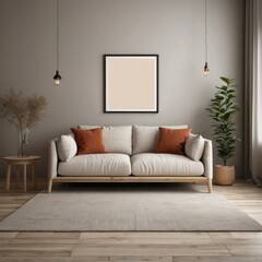 Beige sofa with terra cotta pillows against wall with empty mock up poster frame