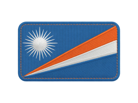 A vibrant embroidered patch showcases the flag of the Marshall Islands with a white star and orange and white stripes against a blue backdrop