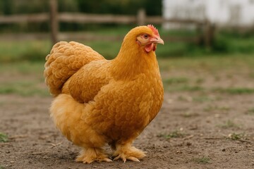 Fototapeta premium Large golden cochin hen and pullet on a backyard farm