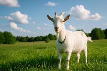 Obraz premium Wild goat roaming in a grassy field in a rural setting