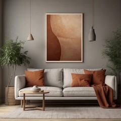 Beige sofa with terra cotta pillows against wall with empty mock up poster frame