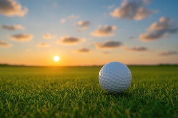 Symbolizing achievement and readiness, a golf ball rests on the grass during a game against a sky backdrop.