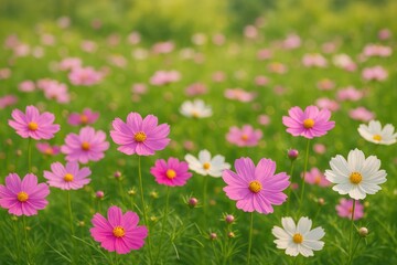 Obraz premium Blooming pink cosmos flowers in a lush garden setting