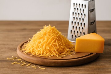 Shredded cheese displayed on a rustic wooden surface
