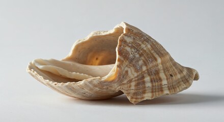 Broken seashell isolated on white background, side angle, focus on jagged edges and shell curves